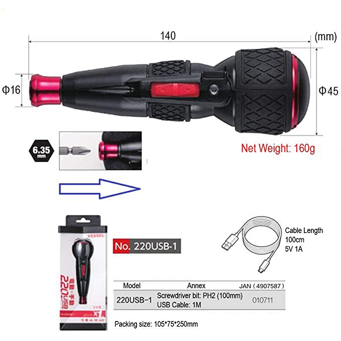 Cán tô vít dùng pin Vessel 220USB-E1